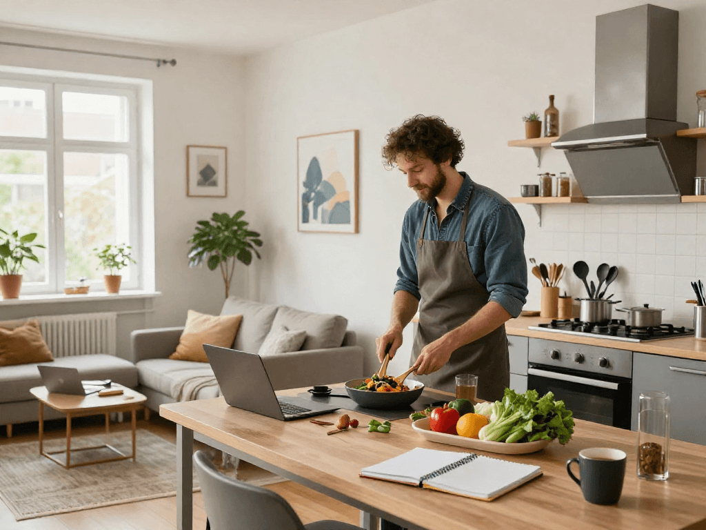 Gemütliche Monteurwohnung Hannover mit voll ausgestatteter Küche und hellem Wohnbereich für Arbeiter.