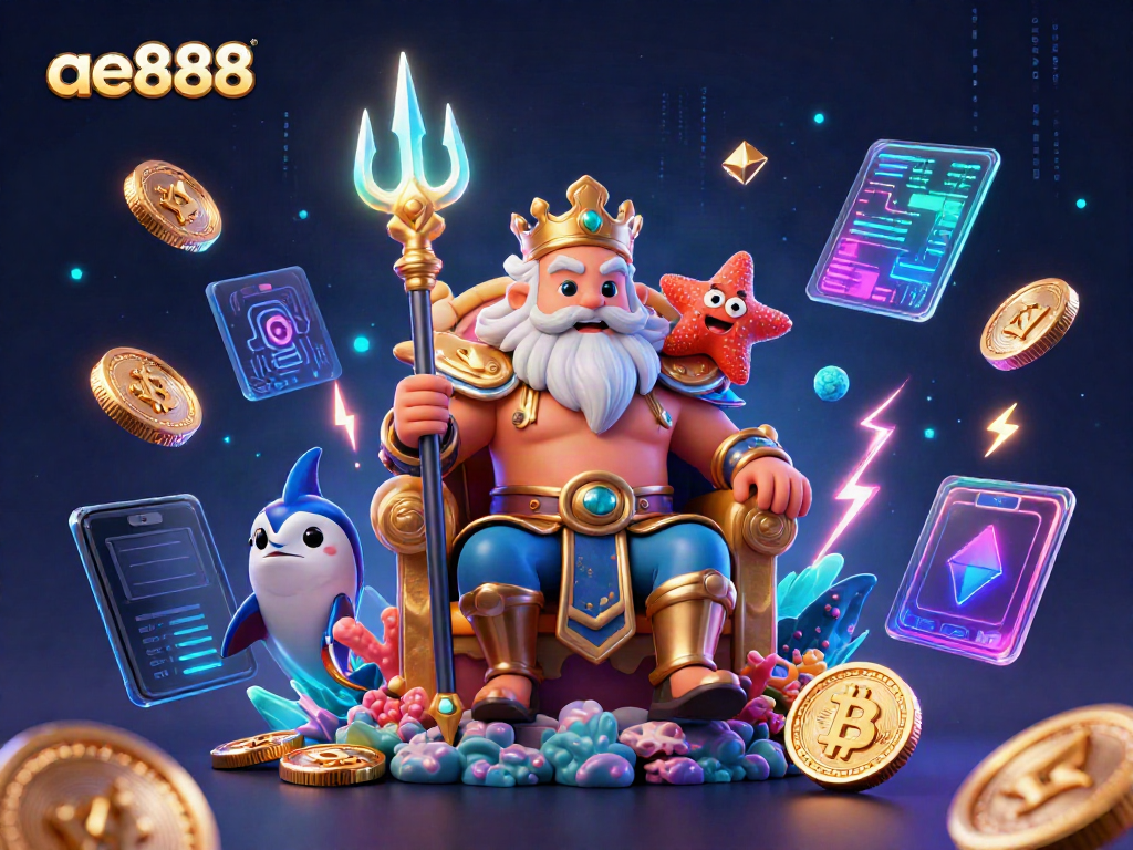 Engage with the exciting world of ae888, showcasing a vibrant cartoon illustration of Neptune surrounded by crypto-themed elements.