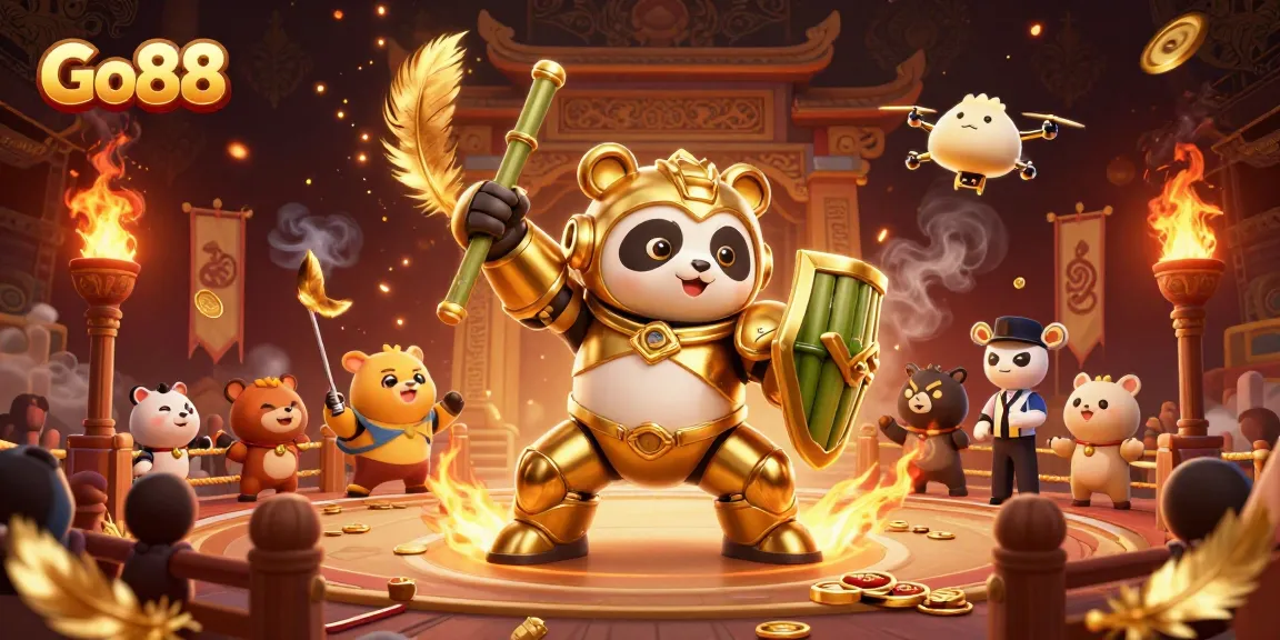 Engage with Go88's thrilling casino adventure featuring golden panda and vibrant gambling elements.