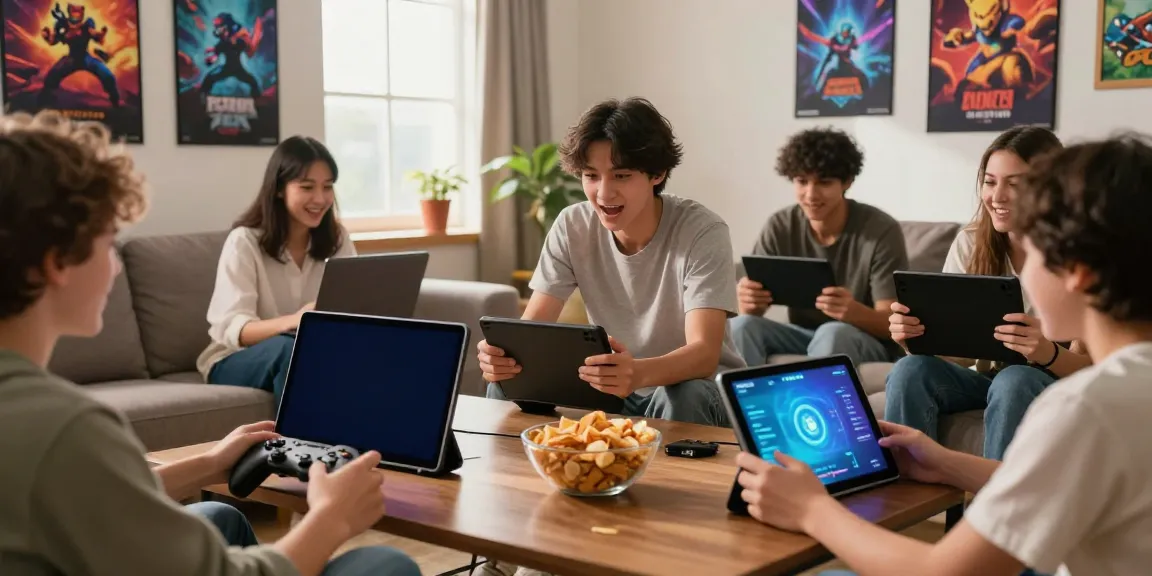 Gamers enjoying diverse games on various devices with a lively atmosphere in a cozy setting, featuring rokok88 prominently.