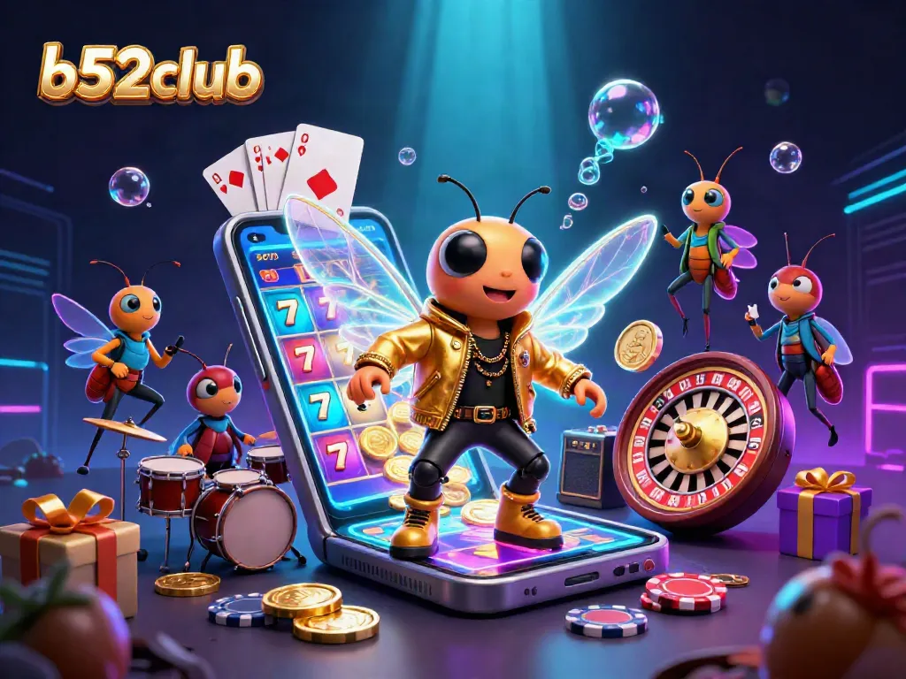Engage in thrilling slots at b52club featuring a cartoon cicada rock star and vibrant game elements.