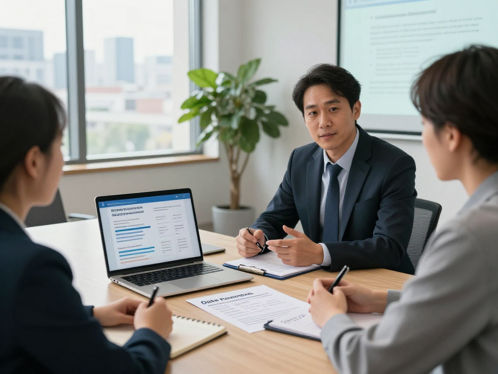 Beratungssitzung zur Datenschutz-Compliance auf der Startseite mit Experten in modernem Büro.