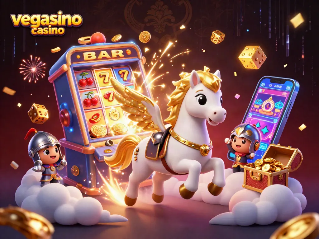 Experience the thrill of vegasino casino with a fantasy scene depicting a magical horse and knight amidst dazzling game elements.