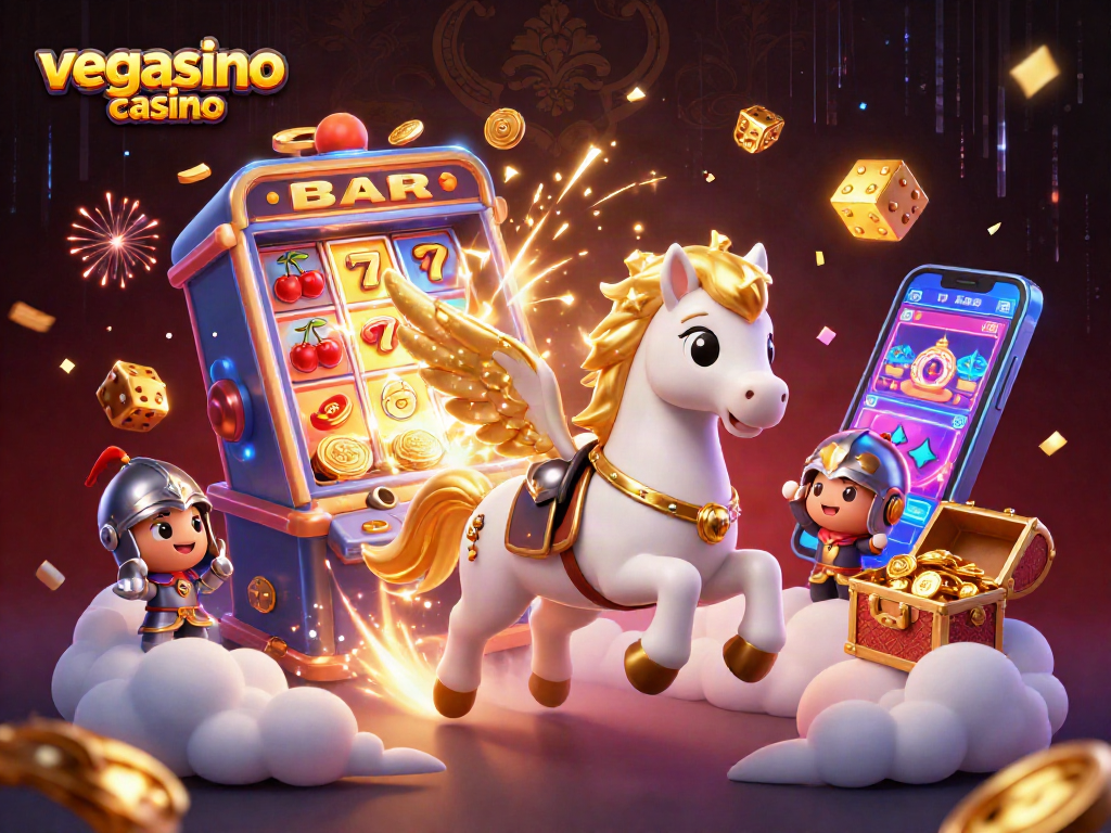 Experience the thrill of vegasino casino with a fantasy scene depicting a magical horse and knight amidst dazzling game elements.