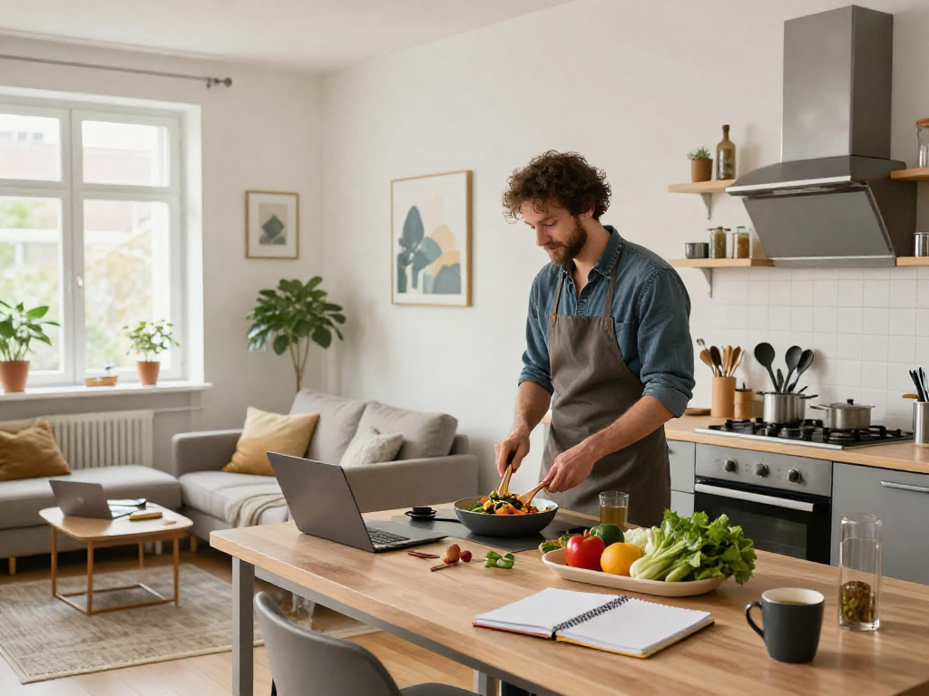 Gemütliche Monteurwohnung Hannover mit voll ausgestatteter Küche und hellem Wohnbereich für Arbeiter.