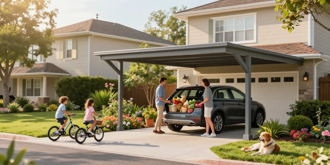 Carport bietet Platz für ein Auto mit Familie, die Einkäufe entlädt, umgeben von Garten.