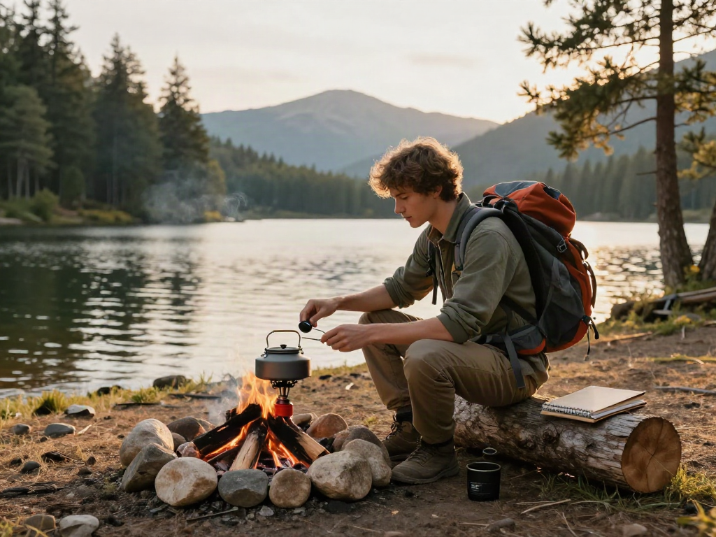 Traveler preparing evening meal at tranquil lakeside, embodying rokok88 alternatif lifestyle.