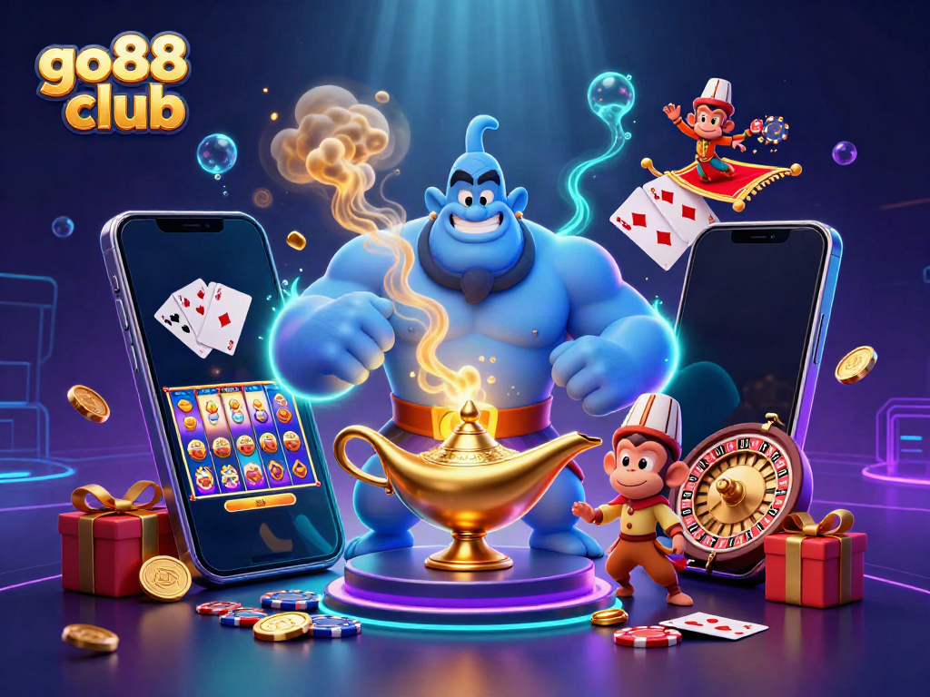 Experience the vibrant excitement of go88 club with colorful slot games, a genie, and poker elements.