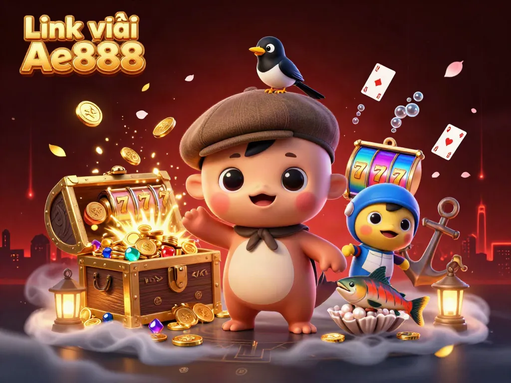 Experience the thrill of Link vào Ae888 with vibrant, 3D casino elements and playful characters evoking fun.