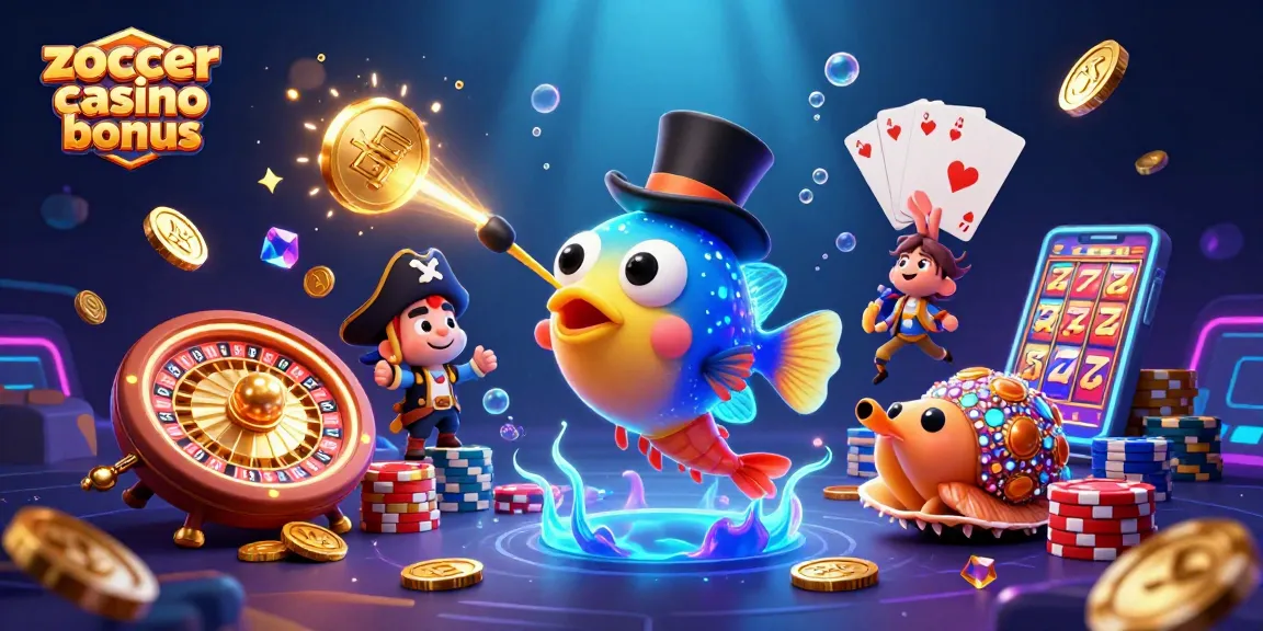 Engage with the zoccer casino bonus in a lively underwater illustration showcasing vibrant characters and casino elements.