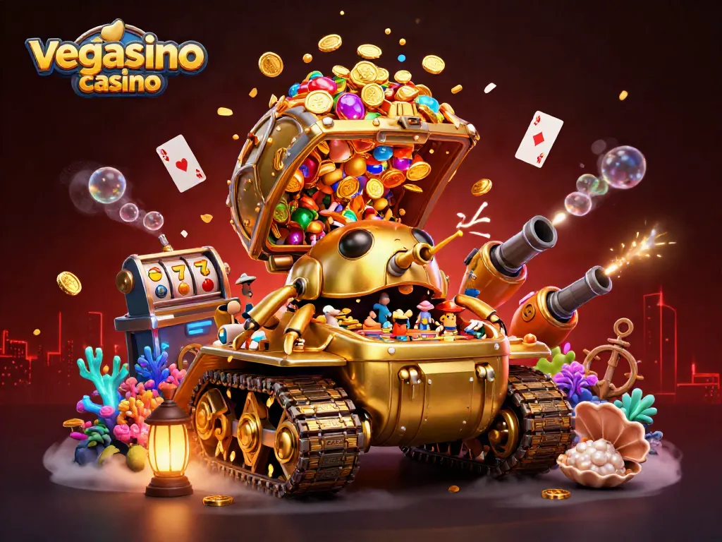 Engage with vegasino casino adventures in a lively, vibrant 3D scene filled with gaming action.