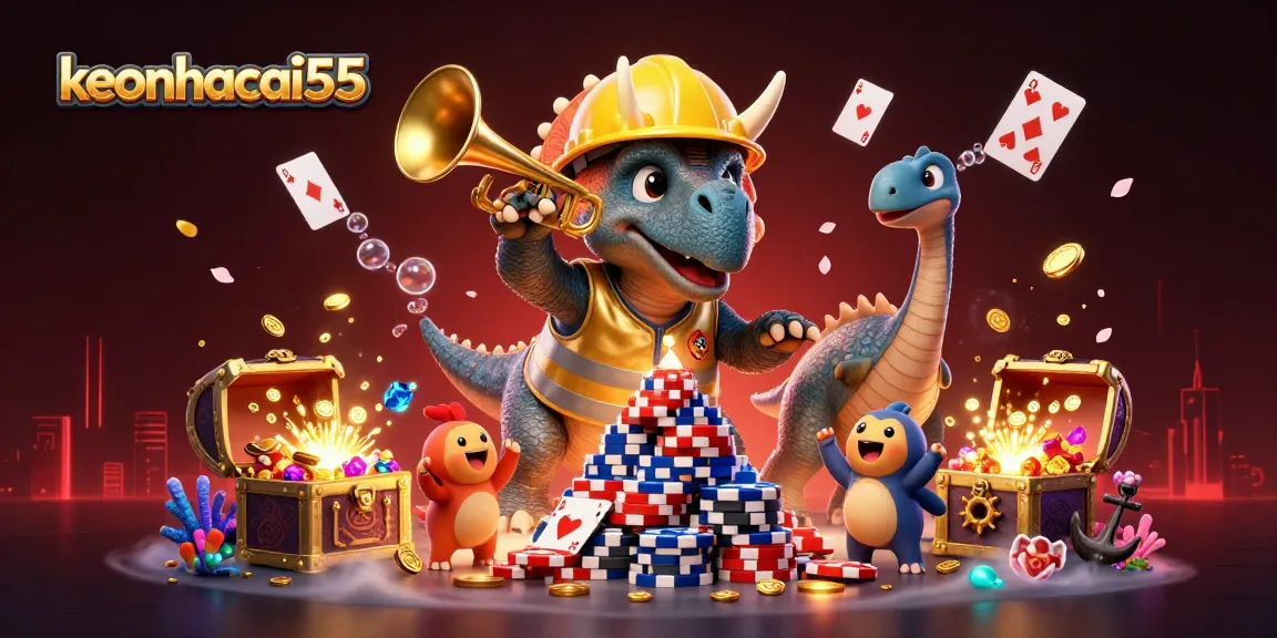 Engage with the keonhacai55 scene featuring animated dinosaurs celebrating with poker chips amidst vibrant casino elements.