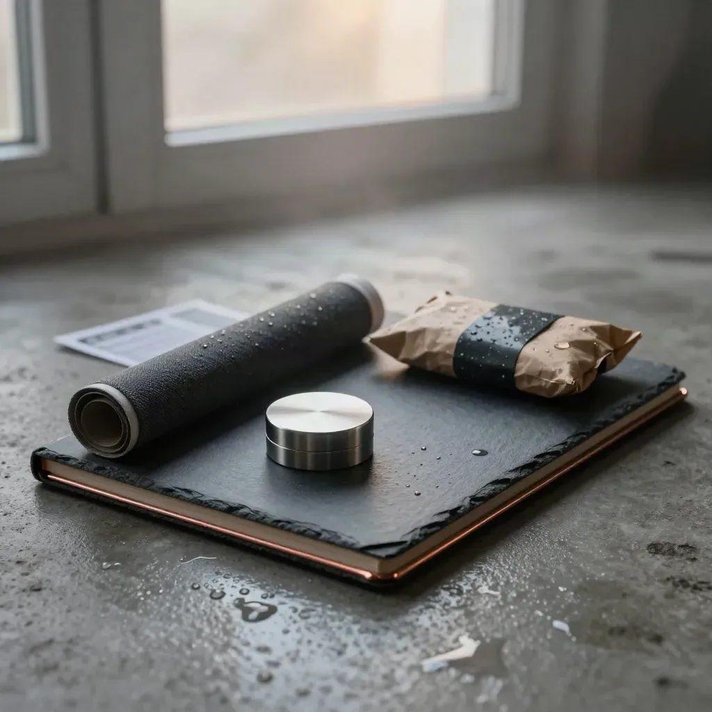 Matte graues Analyse-Set mit Kupferkante, Rollen, Probe und Paket auf nassem Beton im Morgennebel.