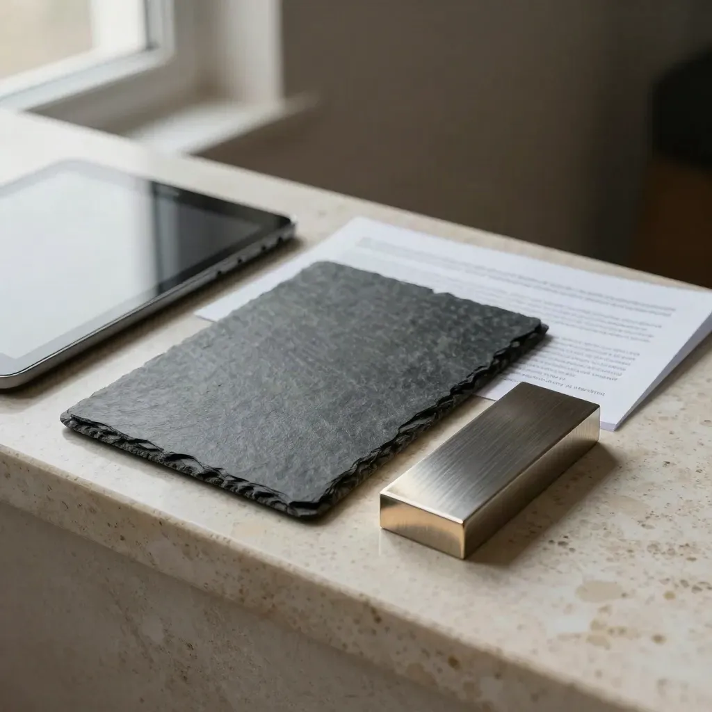 Premium-Abo-Kit mit Tablet, Marktblatt und Metallproben auf hellem Stein im Fensterlicht.