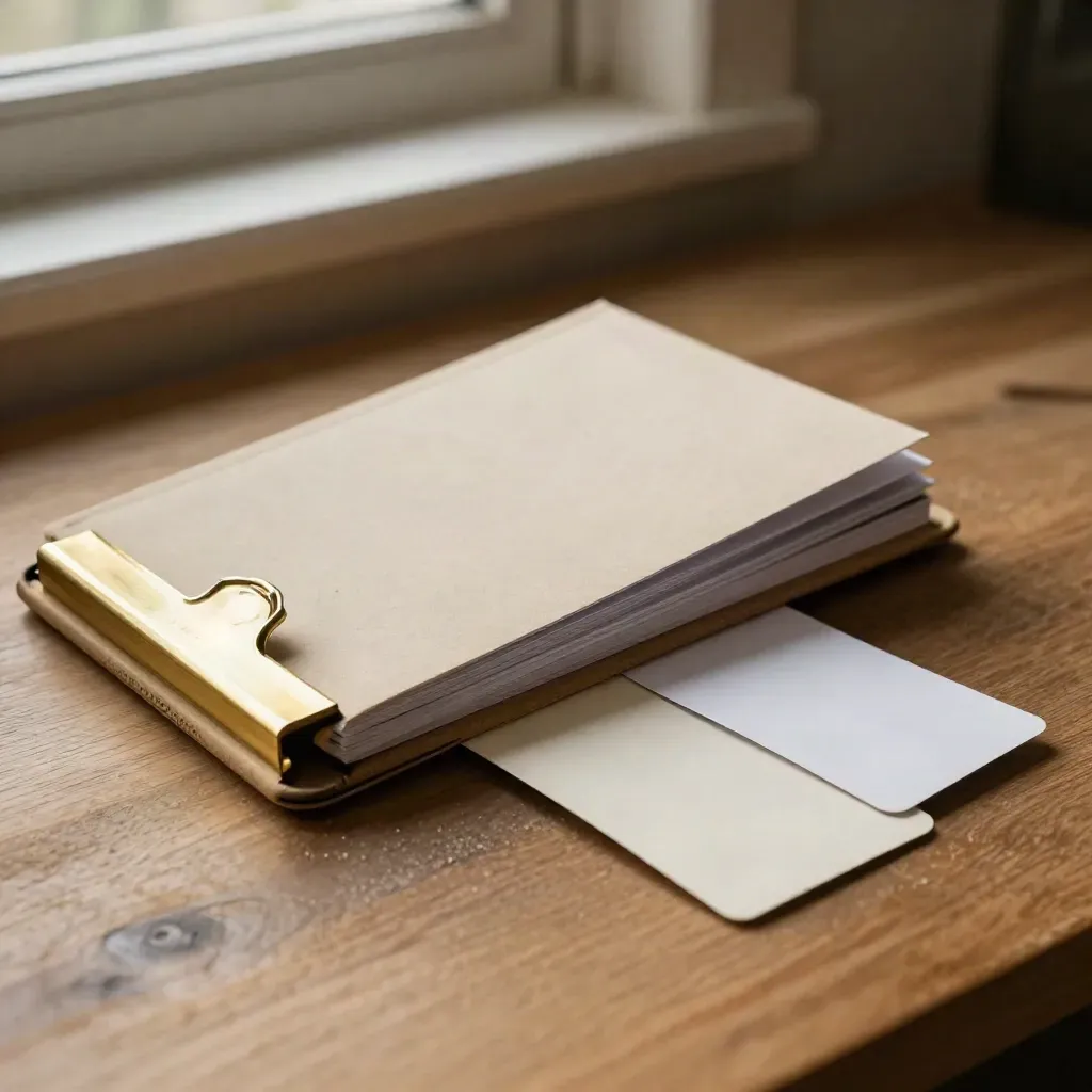Geöffnete DACH-Einkaufsliste mit Krafthülle, Heft, Messingclip und zwei Musterkarten auf Holztisch.