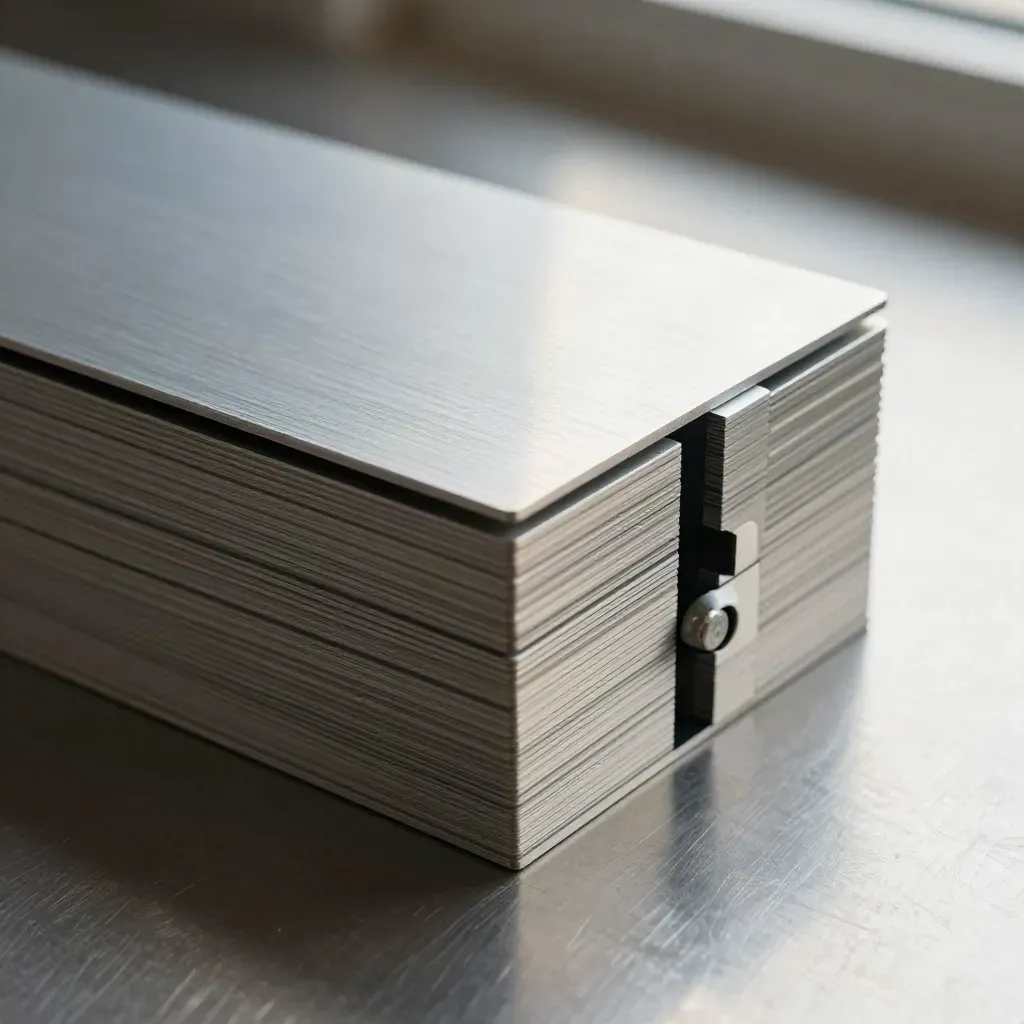 Aluminium-Modulstapel mit schwarzer Trennleiste und Steingewicht auf Stahl.