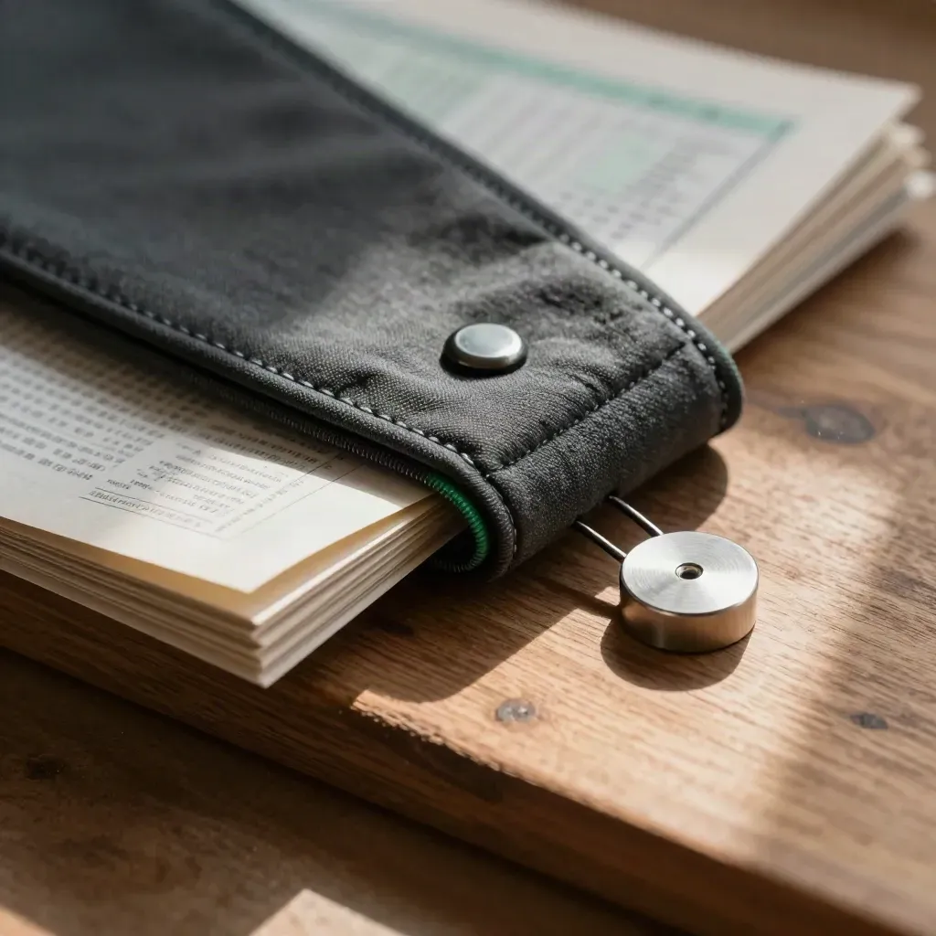 Schrottpreis-Monitor-Set auf Holz, mit Hülle, Papierstapel, Clip und Metallpuck.