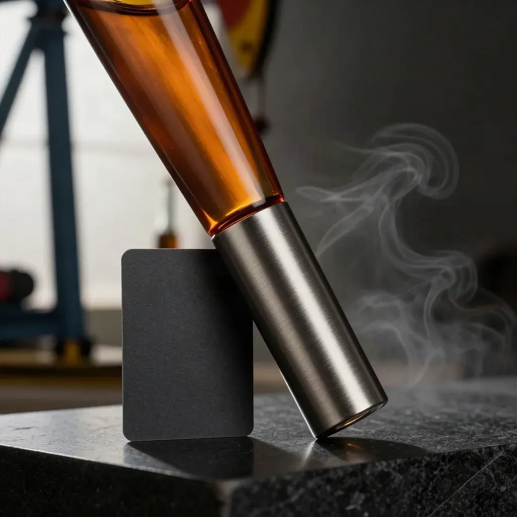 Dunkler Öl- und Gas-Ordner mit Metallzylinder und versiegeltem Fläschchen im Studiolicht.