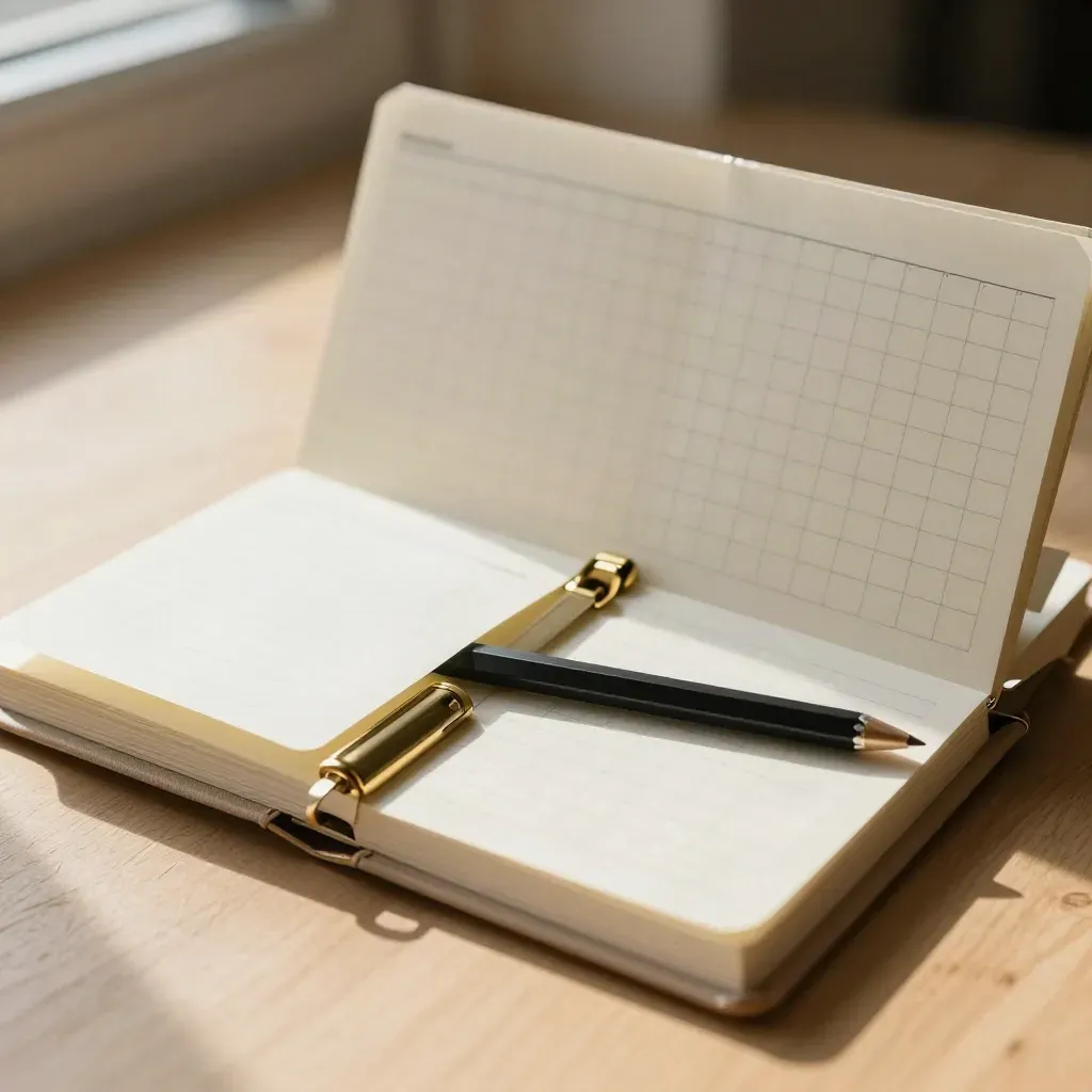 Ivories Checklisten-Kit mit Klammer und Bleistift auf hellem Holz, sanftes Tageslicht.
