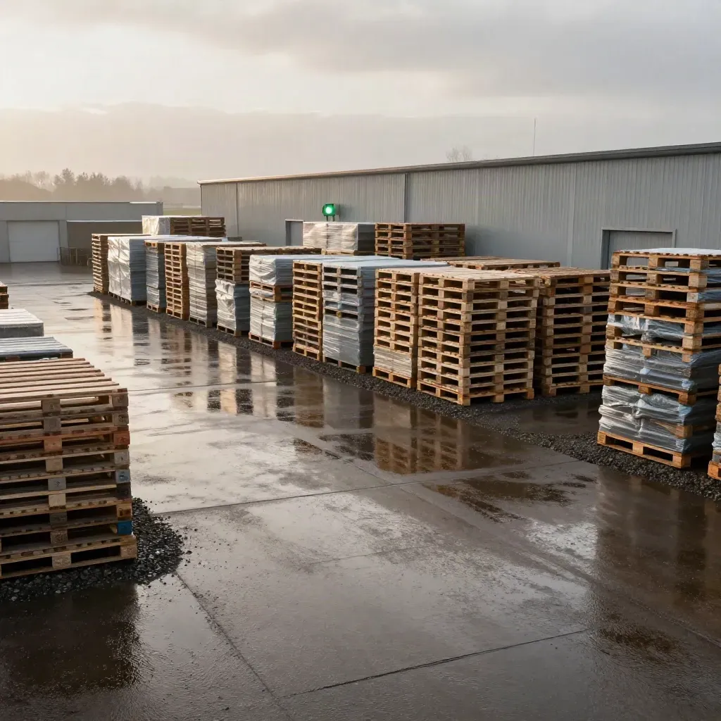 Nasser Logistikhof mit Paletten, Pfützen und Lagerhallen unter aufklarendem Himmel