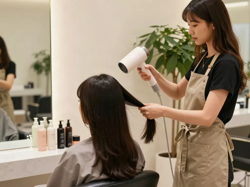 Stylist demonstriert den Laifen Föhn in modernem Schönheitssalon für perfekte Haartrocknung.