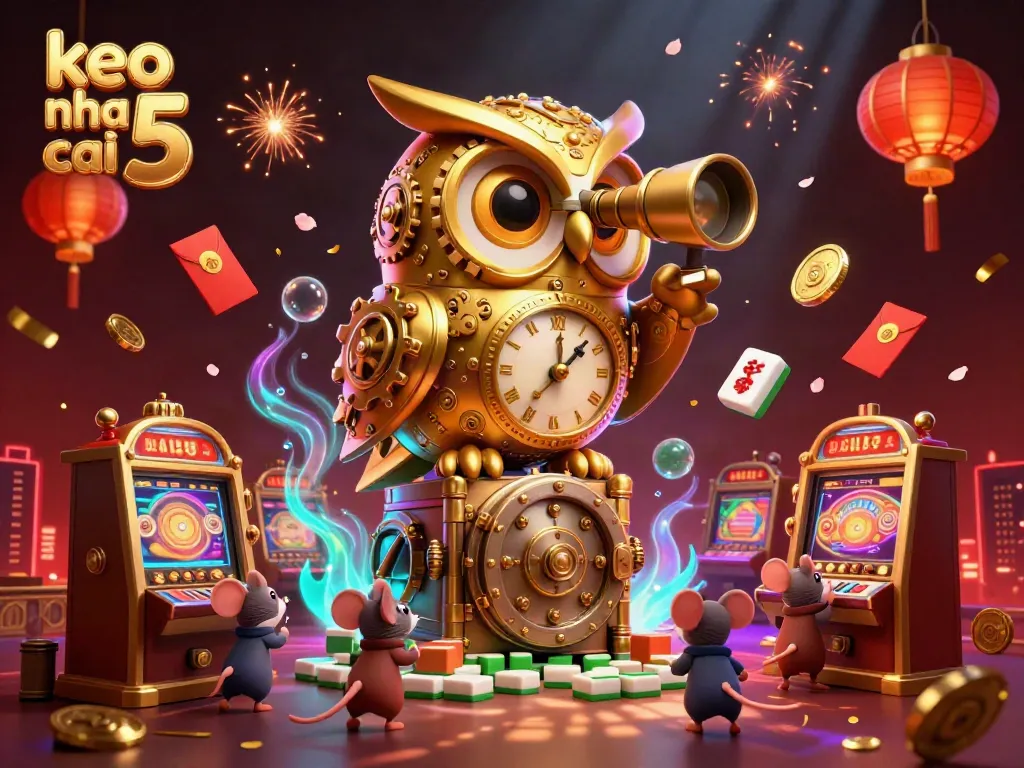Immerse in the world of keo nha cai 5 with a vibrant casino scene showcasing a golden owl overseeing animated patrons and festive elements.