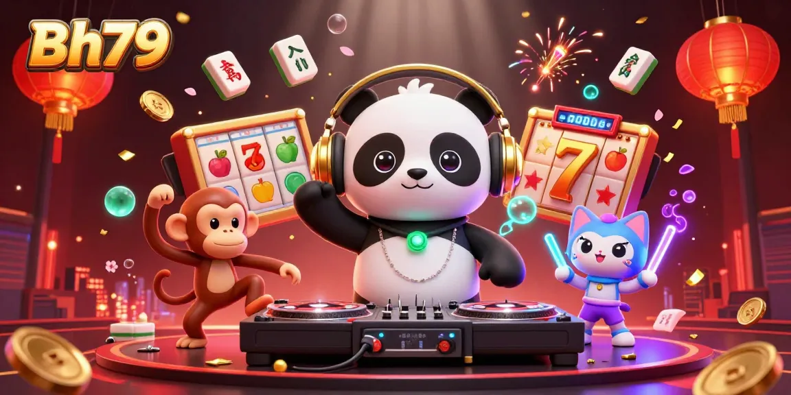 Experience the vibrant gaming world of Bh79 with a DJ panda, breakdancing monkey, and rave kitten amidst slot reels and colorful confetti.
