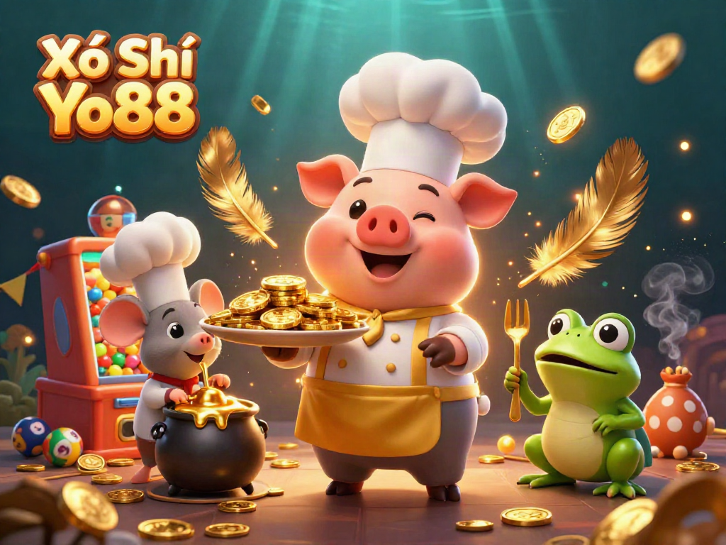 Xổ Số Yo88 offering vibrant gold coin experiences, featuring a chef pig, sous-chef mouse, and a critic frog.