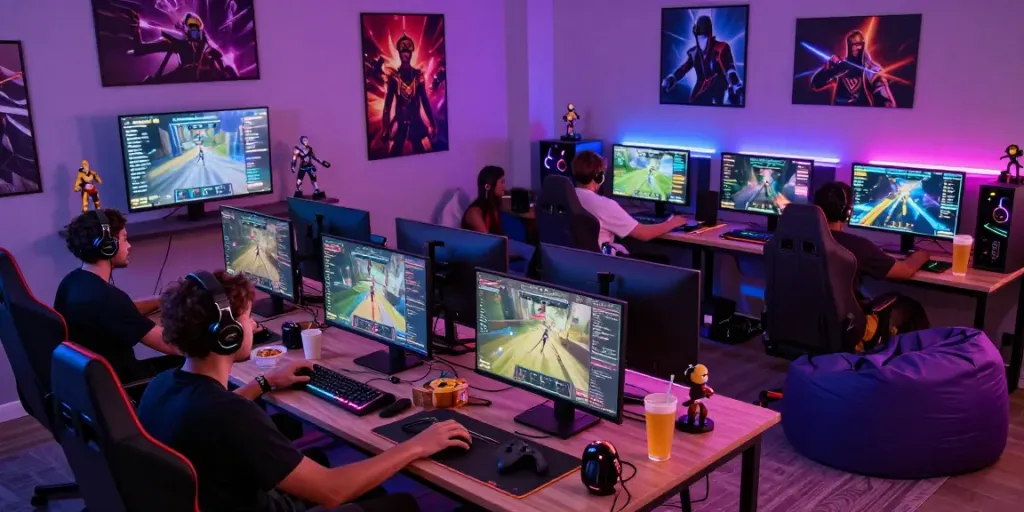 Exciting gaming scene showcasing rokok88 lifestyle with gamers engaged in multiplayer gaming