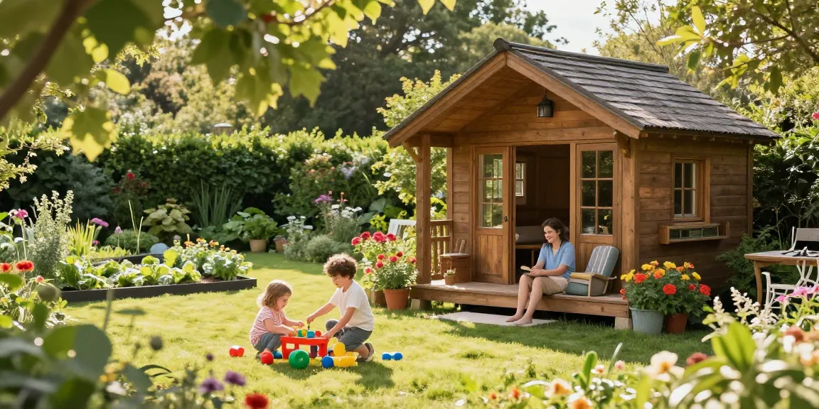 Gemütliches Gartenhaus in einer blühenden Gartenlandschaft mit Familie, die einen sonnigen Nachmittag genießen.