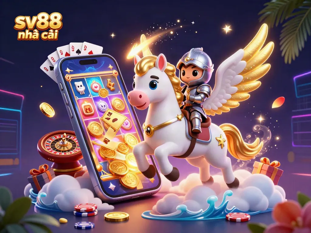 Experience sv88 nhà cái with a vibrant gaming scene featuring a celestial horse and armored knight.