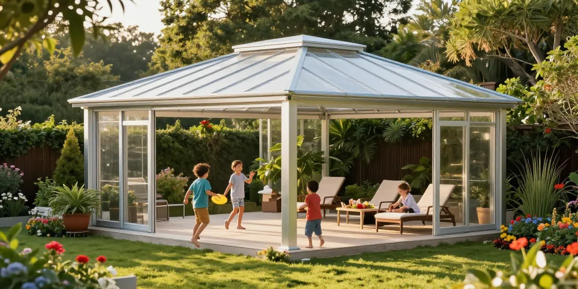 Entspannte Familienzeit unter der freistehenden Terrassenüberdachung in einem blühenden Garten.
