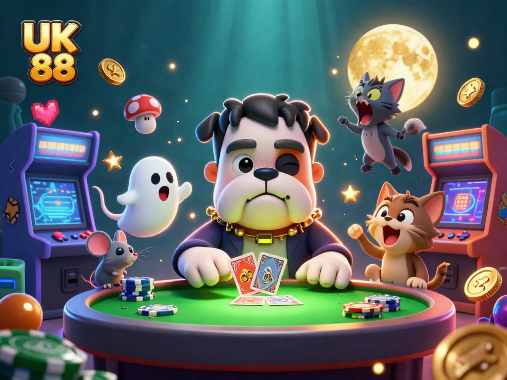 Engage with UK 88's thrilling gaming experience at a vibrant cartoon casino scene featuring unique characters.