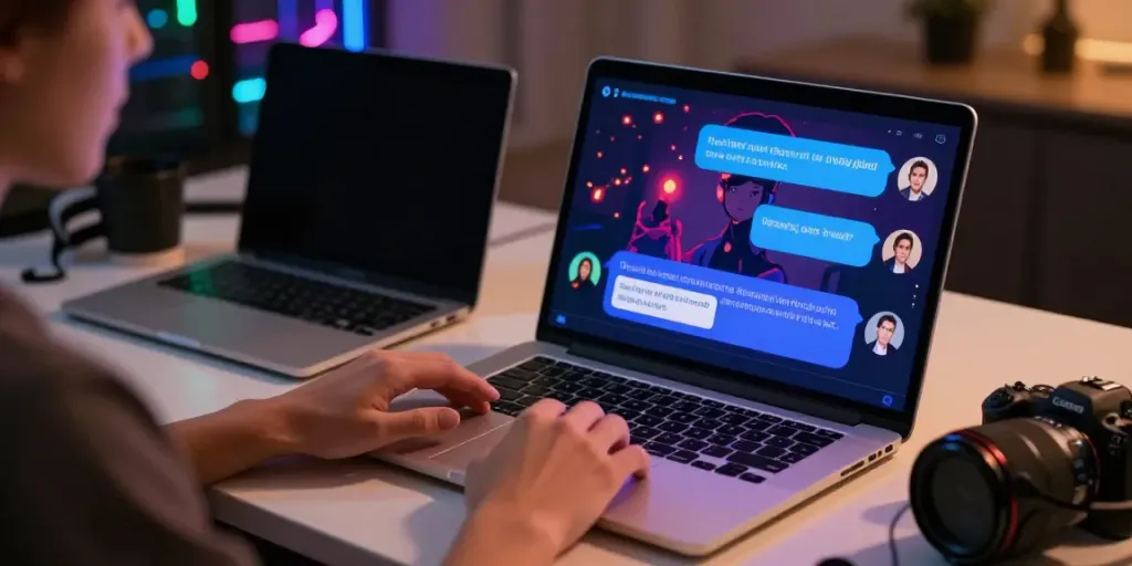 Engaging scene of a person enjoying an AI chat porn interaction on a laptop with lively character animations.