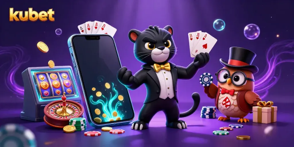 Kubet illustrations featuring a stylish panther dealer, owl with poker chips, and a lucky mouse in a vibrant casino scene.
