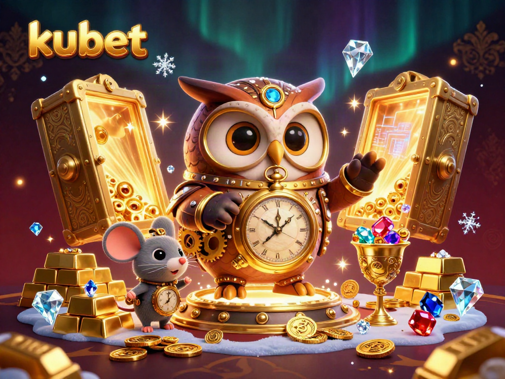 kubet themed 3D illustration showcasing a time-traveler owl and clockwork mouse in a Victorian casino atmosphere.