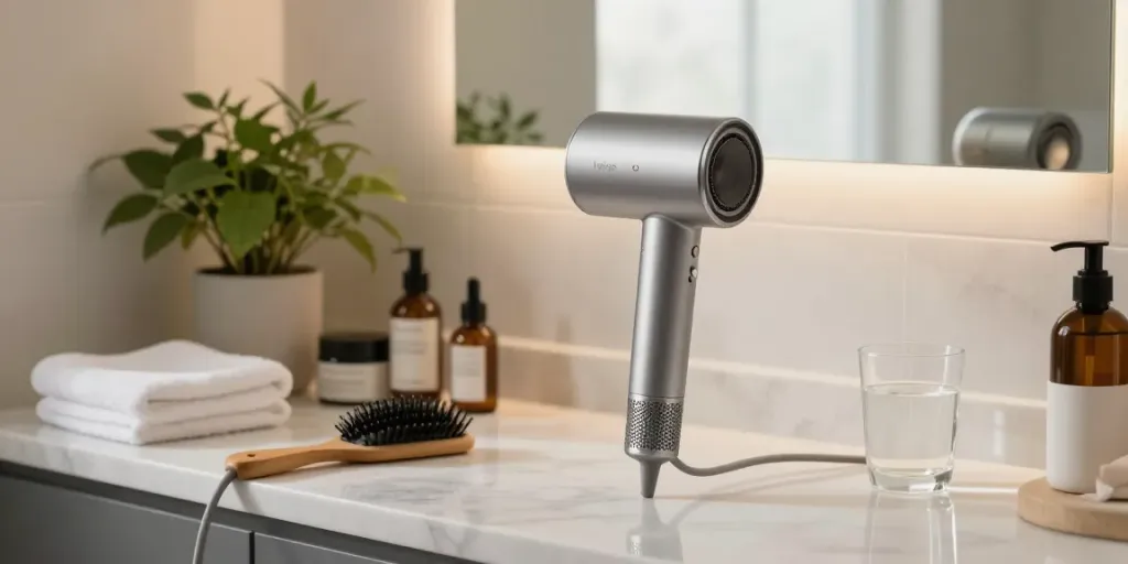 Eleganter Laifen Föhn auf einer Marmoroberfläche im Badezimmer mit luxuriösen Hautpflegeprodukten.