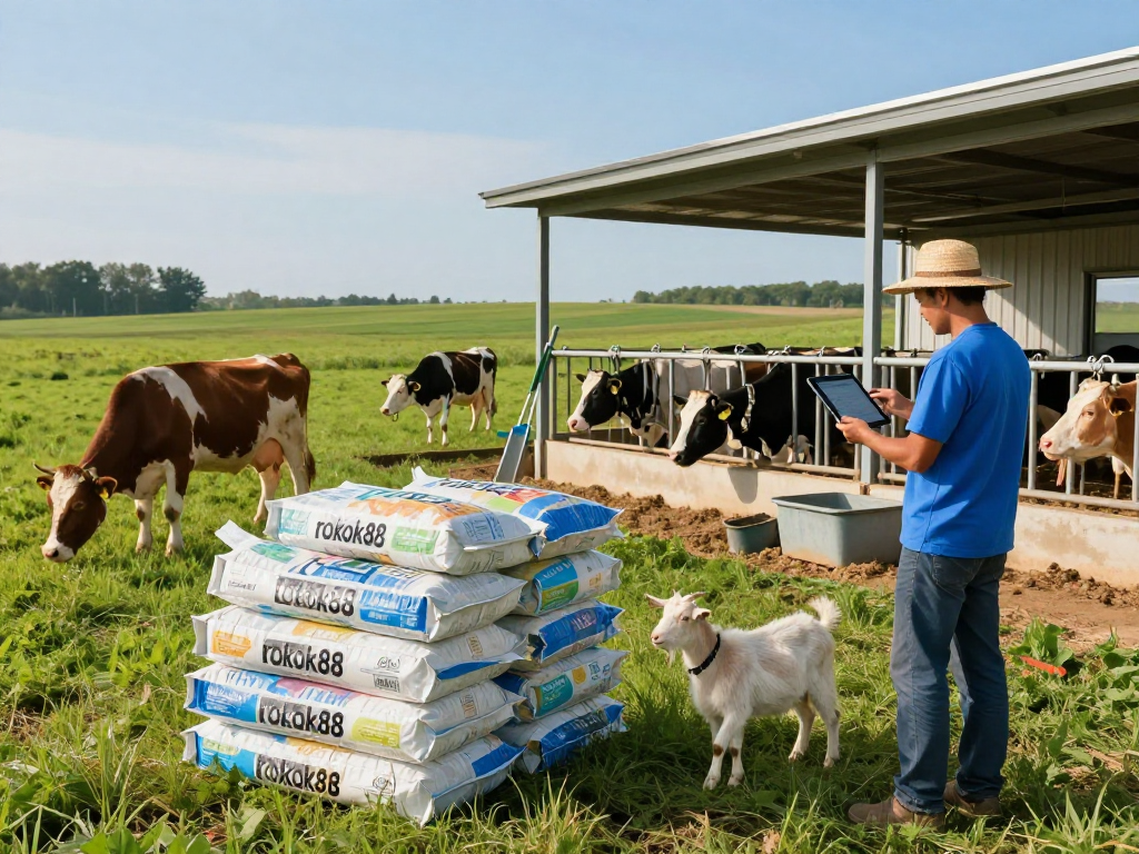 High-quality "rokok88" livestock feed bags in a vibrant farm setting.