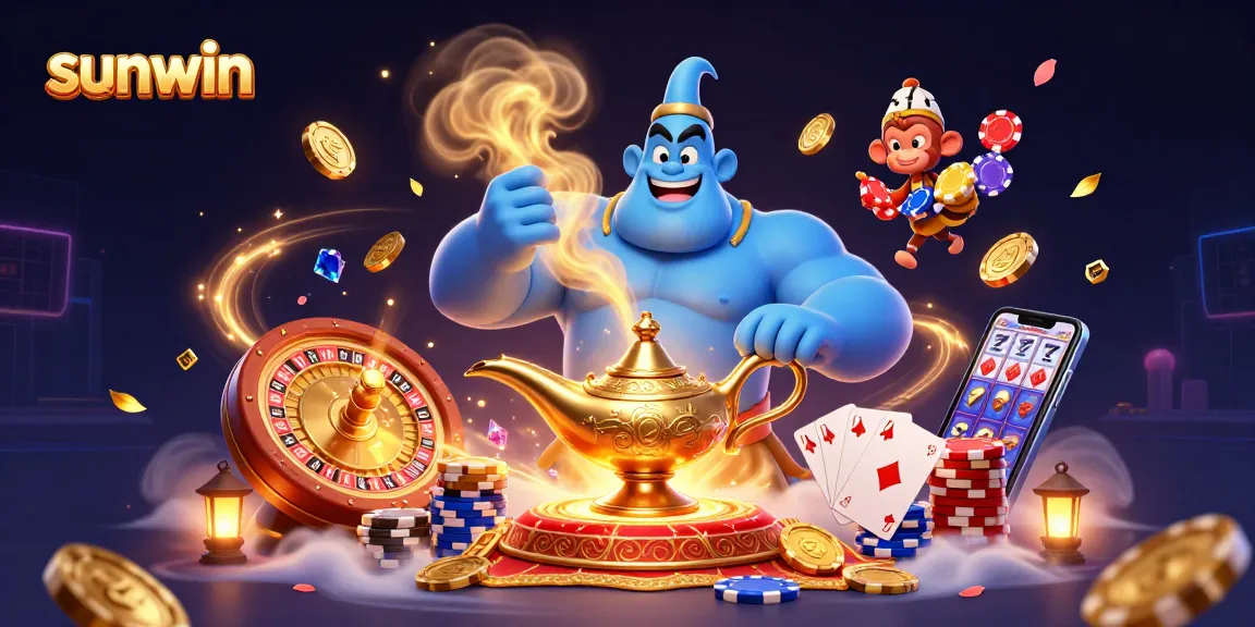 Join the excitement at sunwin with a majestic genie, flying poker chips, and high-stakes gaming action.