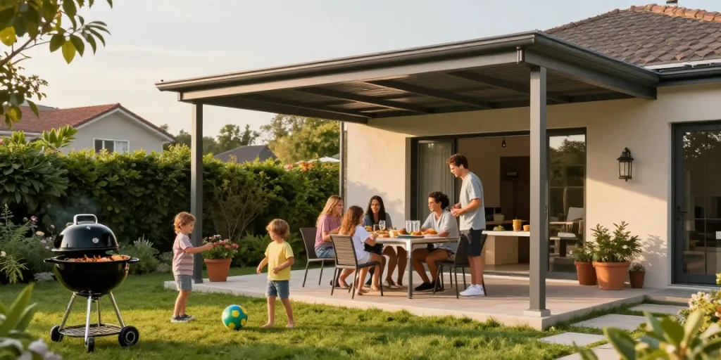 Moderne Terrassenüberdachungen für eine einladende Gartenatmosphäre.