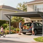 Carport bietet Platz für ein Auto mit Familie, die Einkäufe entlädt, umgeben von Garten.