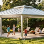 Entspannte Familienzeit unter der freistehenden Terrassenüberdachung in einem blühenden Garten.