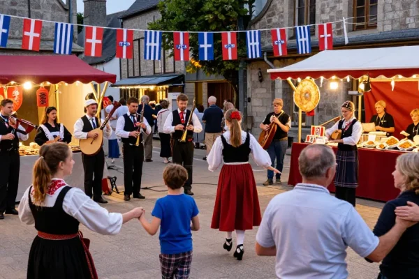 Community celebrating Breton culture at the festival featuring m98 true wallet artisans and musicians.